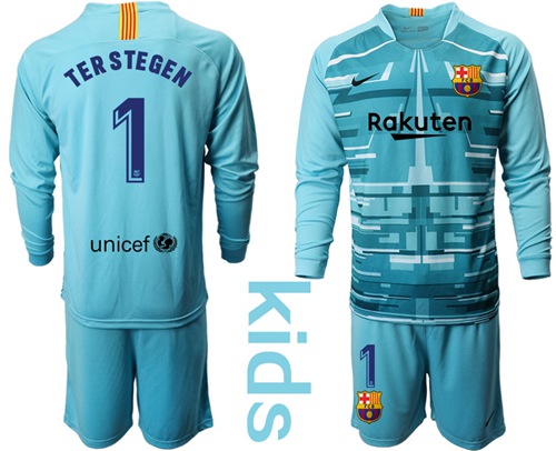 Barcelona #1 Ter Stegen Light Blue Goalkeeper Long Sleeves Kid Soccer Club Jersey