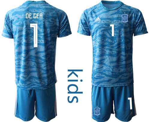 Spain #1 De Gea Blue Goalkeeper Kid Soccer Country Jersey Spain #1 De Gea Blue Goalkeeper Kid Soccer Country Jersey