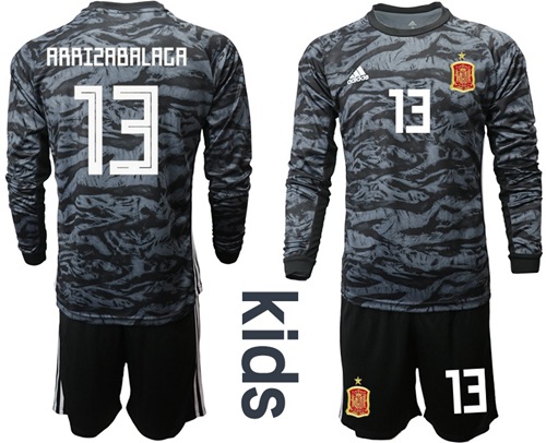Spain #13 Arrizabalaga Black Long Sleeves Goalkeeper Kid Soccer Country Jersey Spain #13 Arrizabalaga Black Long Sleeves Goalkeeper Kid Soccer Country Jersey