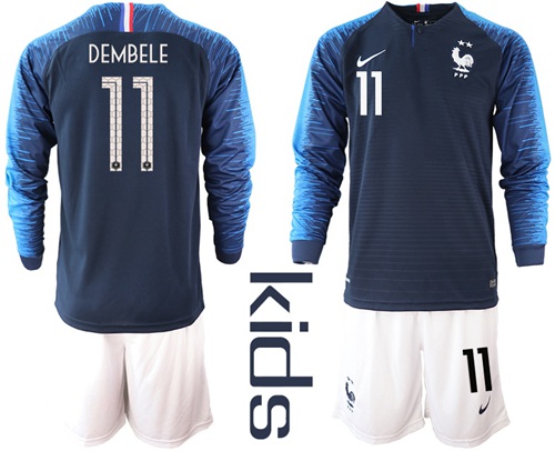 France #11 Dembele Home Long Sleeves Kid Soccer Country Jersey