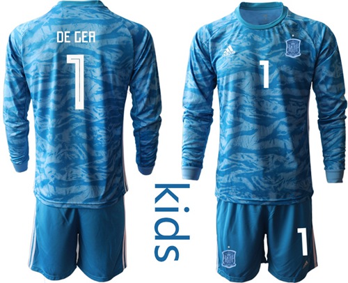 Spain #1 De Gea Blue Long Sleeves Goalkeeper Kid Soccer Country Jersey Spain #1 De Gea Blue Long Sleeves Goalkeeper Kid Soccer Country Jersey