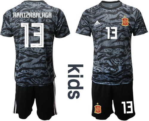 Spain #13 Arrizabalaga Black Goalkeeper Kid Soccer Country Jersey Spain #13 Arrizabalaga Black Goalkeeper Kid Soccer Country Jersey
