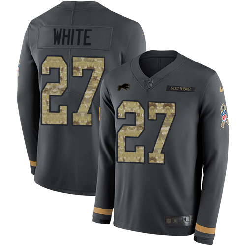 Nike Bills #27 Tre'Davious White Anthracite Salute to Service Youth Stitched NFL Limited Therma Long Sleeve Jersey Nike Bills #27 Tre'Davious White Anthracite Salute to Service Youth Stitched NFL Limited Therma Long Sleeve Jersey