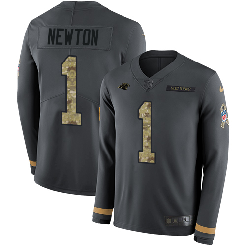 Nike Panthers #1 Cam Newton Anthracite Salute to Service Youth Stitched NFL Limited Therma Long Sleeve Jersey Nike Panthers #1 Cam Newton Anthracite Salute to Service Youth Stitched NFL Limited Therma Long Sleeve Jersey