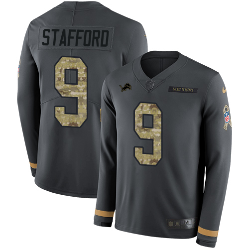 Nike Lions #9 Matthew Stafford Anthracite Salute to Service Youth Stitched NFL Limited Therma Long Sleeve Jersey Nike Lions #9 Matthew Stafford Anthracite Salute to Service Youth Stitched NFL Limited Therma Long Sleeve Jersey
