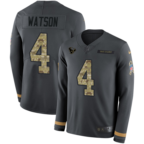 Nike Texans #4 Deshaun Watson Anthracite Salute to Service Youth Stitched NFL Limited Therma Long Sleeve Jersey Nike Texans #4 Deshaun Watson Anthracite Salute to Service Youth Stitched NFL Limited Therma Long Sleeve Jersey