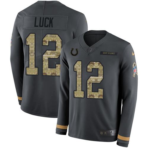 Nike Colts #12 Andrew Luck Anthracite Salute to Service Youth Stitched NFL Limited Therma Long Sleeve Jersey Nike Colts #12 Andrew Luck Anthracite Salute to Service Youth Stitched NFL Limited Therma Long Sleeve Jersey