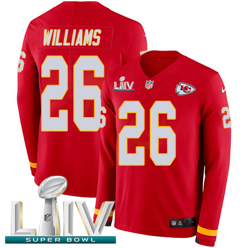 Nike Chiefs #26 Damien Williams Red Super Bowl LIV 2020 Team Color Youth Stitched NFL Limited Therma Long Sleeve Jersey Nike Chiefs #26 Damien Williams Red Super Bowl LIV 2020 Team Color Youth Stitched NFL Limited Therma Long Sleeve Jersey