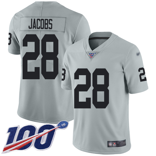 Nike Raiders #28 Josh Jacobs Silver Youth Stitched NFL Limited Inverted Legend 100th Season Jersey Nike Raiders #28 Josh Jacobs Silver Youth Stitched NFL Limited Inverted Legend 100th Season Jersey