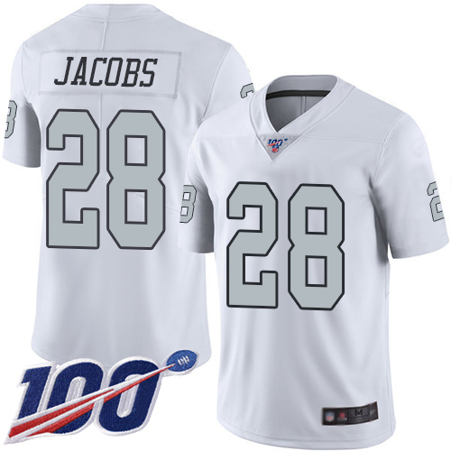 Nike Raiders #28 Josh Jacobs White Youth Stitched NFL Limited Rush 100th Season Jersey Nike Raiders #28 Josh Jacobs White Youth Stitched NFL Limited Rush 100th Season Jersey