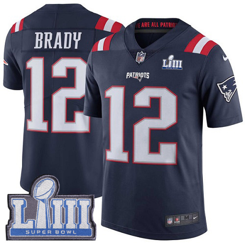 Nike Patriots #12 Tom Brady Navy Blue Super Bowl LIII Bound Youth Stitched NFL Limited Rush Jersey Nike Patriots #12 Tom Brady Navy Blue Super Bowl LIII Bound Youth Stitched NFL Limited Rush Jersey