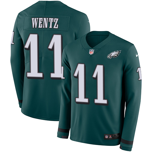 Nike Eagles #11 Carson Wentz Midnight Green Team Color Youth Stitched NFL Limited Therma Long Sleeve Jersey Nike Eagles #11 Carson Wentz Midnight Green Team Color Youth Stitched NFL Limited Therma Long Sleeve Jersey