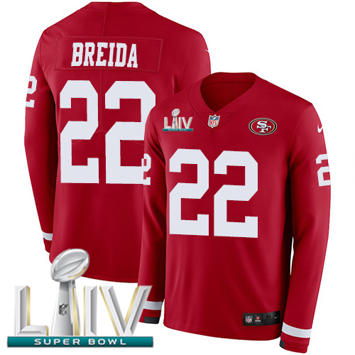 Nike 49ers #22 Matt Breida Red Super Bowl LIV 2020 Team Color Youth Stitched NFL Limited Therma Long Sleeve Jersey Nike 49ers #22 Matt Breida Red Super Bowl LIV 2020 Team Color Youth Stitched NFL Limited Therma Long Sleeve Jersey
