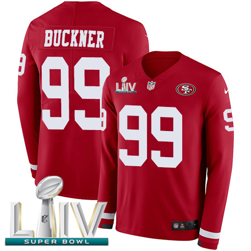 Nike 49ers #99 DeForest Buckner Red Super Bowl LIV 2020 Team Color Youth Stitched NFL Limited Therma Long Sleeve Jersey Nike 49ers #99 DeForest Buckner Red Super Bowl LIV 2020 Team Color Youth Stitched NFL Limited Therma Long Sleeve Jersey