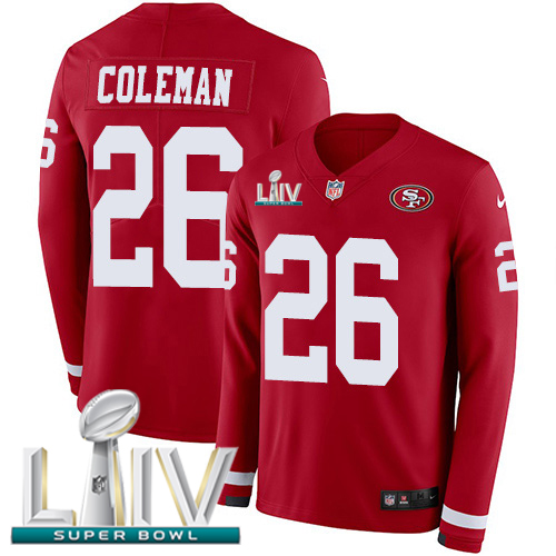 Nike 49ers #26 Tevin Coleman Red Super Bowl LIV 2020 Team Color Youth Stitched NFL Limited Therma Long Sleeve Jersey Nike 49ers #26 Tevin Coleman Red Super Bowl LIV 2020 Team Color Youth Stitched NFL Limited Therma Long Sleeve Jersey