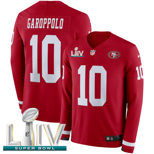 Nike 49ers #10 Jimmy Garoppolo Red Super Bowl LIV 2020 Team Color Youth Stitched NFL Limited Therma Long Sleeve Jersey Nike 49ers #10 Jimmy Garoppolo Red Super Bowl LIV 2020 Team Color Youth Stitched NFL Limited Therma Long Sleeve Jersey