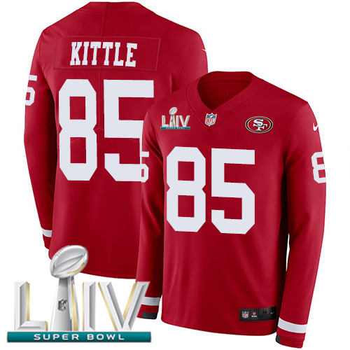 Nike 49ers #85 George Kittle Red Super Bowl LIV 2020 Team Color Youth Stitched NFL Limited Therma Long Sleeve Jersey Nike 49ers #85 George Kittle Red Super Bowl LIV 2020 Team Color Youth Stitched NFL Limited Therma Long Sleeve Jersey