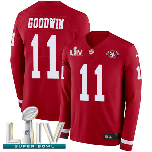 Nike 49ers #11 Marquise Goodwin Red Super Bowl LIV 2020 Team Color Youth Stitched NFL Limited Therma Long Sleeve Jersey Nike 49ers #11 Marquise Goodwin Red Super Bowl LIV 2020 Team Color Youth Stitched NFL Limited Therma Long Sleeve Jersey