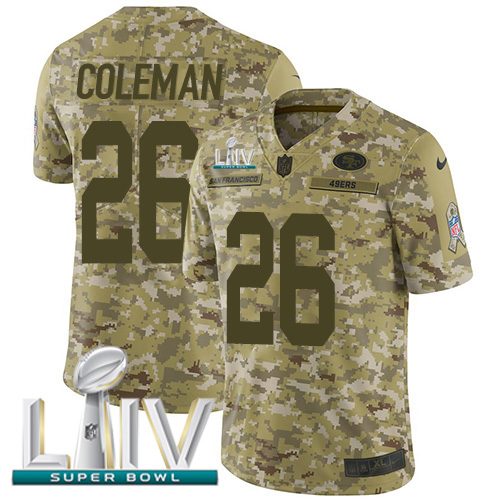 Nike 49ers #26 Tevin Coleman Camo Super Bowl LIV 2020 Youth Stitched NFL Limited 2018 Salute To Service Jersey Nike 49ers #26 Tevin Coleman Camo Super Bowl LIV 2020 Youth Stitched NFL Limited 2018 Salute To Service Jersey