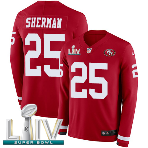 Nike 49ers #25 Richard Sherman Red Super Bowl LIV 2020 Team Color Youth Stitched NFL Limited Therma Long Sleeve Jersey Nike 49ers #25 Richard Sherman Red Super Bowl LIV 2020 Team Color Youth Stitched NFL Limited Therma Long Sleeve Jersey