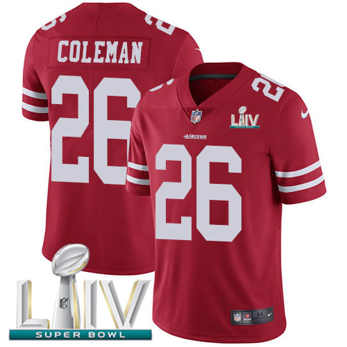 Nike 49ers #26 Tevin Coleman Red Super Bowl LIV 2020 Team Color Youth Stitched NFL Vapor Untouchable Limited Jersey Nike 49ers #26 Tevin Coleman Red Super Bowl LIV 2020 Team Color Youth Stitched NFL Vapor Untouchable Limited Jersey