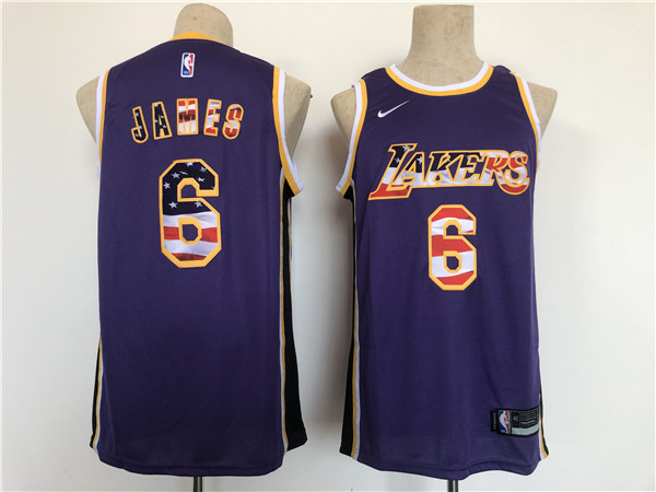 Men's Los Angeles Lakers #6 LeBron James Purple USA Flag Stitched Basketball Jersey Men's Los Angeles Lakers #6 LeBron James Purple USA Flag Stitched Basketball Jersey
