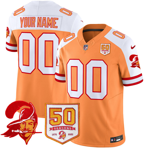 Youth Tampa Bay Buccaneers Active Player Custom Orange/White 2025 F.U.S.E. 50th Season Patch Throwback Vapor Untouchable Limited Aternate Stitched Football Jersey