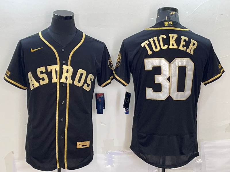 Men's Houston Astros #30 Kyle Tucker Black Gold Flex Base Stitched Jersey Men's Houston Astros #30 Kyle Tucker Black Gold Flex Base Stitched Jersey