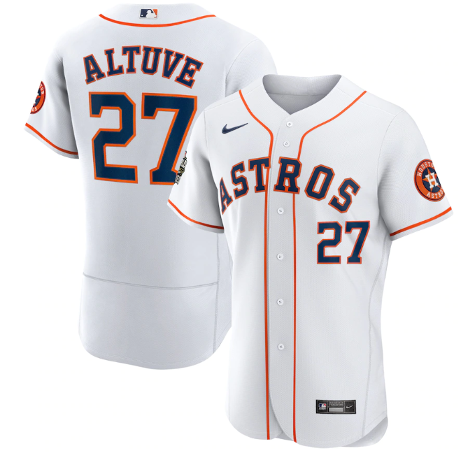 Men's Houston Astros #27 Jose Altuve White 2022 World Series Flex Base Stitched Baseball Jersey Men's Houston Astros #27 Jose Altuve White 2022 World Series Flex Base Stitched Baseball Jersey