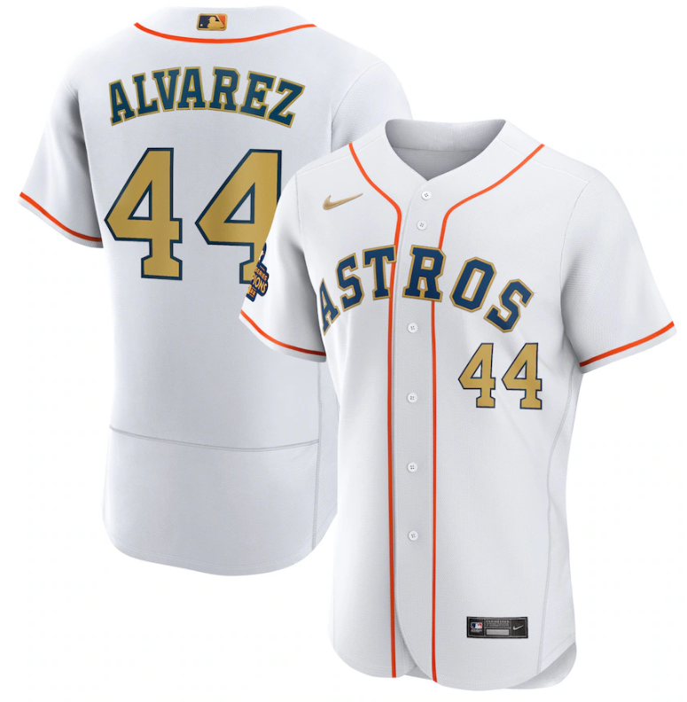 Men's Houston Astros #44 Yordan Alvarez White 2023 Gold Collection With World Serise Champions Patch Stitched Baseball Jersey Men's Houston Astros #44 Yordan Alvarez White 2023 Gold Collection With World Serise Champions Patch Stitched Baseball Jersey