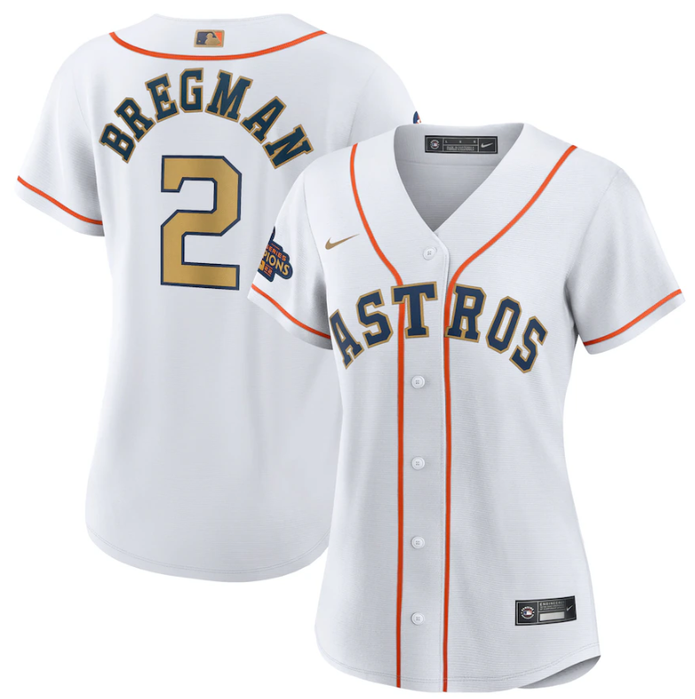 Women's Houston Astros #2 Alex Bregman White 2023 Gold Collection With World Serise Champions Patch Stitched Jersey(Run Small) Women's Houston Astros #2 Alex Bregman White 2023 Gold Collection With World Serise Champions Patch Stitched Jersey(Run Small)