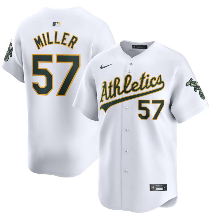 Men's Oakland Athletics #57 Mason Miller White Home Limited Stitched Jersey Men's Oakland Athletics #57 Mason Miller White Home Limited Stitched Jersey