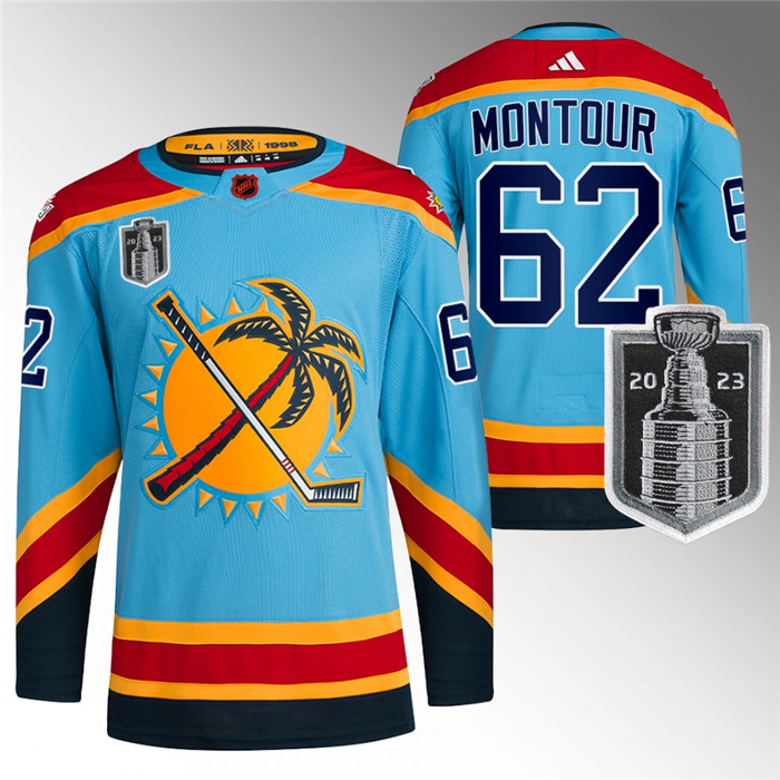 Men's Florida Panthers #62 Brandon Montour Blue 2023 Stanley Cup Final Reverse Retro Stitched Jersey Men's Florida Panthers #62 Brandon Montour Blue 2023 Stanley Cup Final Reverse Retro Stitched Jersey