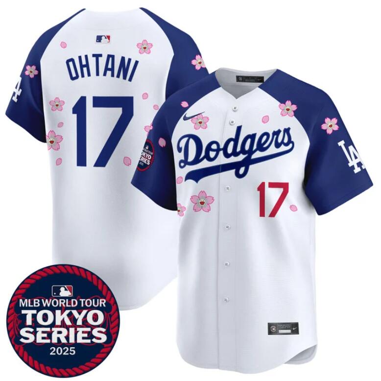 Men's Los Angeles Dodgers #17 Shohei Ohtani White/Royal 2025 Tokyo Series Limited Stitched Baseball Jersey Men's Los Angeles Dodgers #17 Shohei Ohtani White/Royal 2025 Tokyo Series Limited Stitched Baseball Jersey