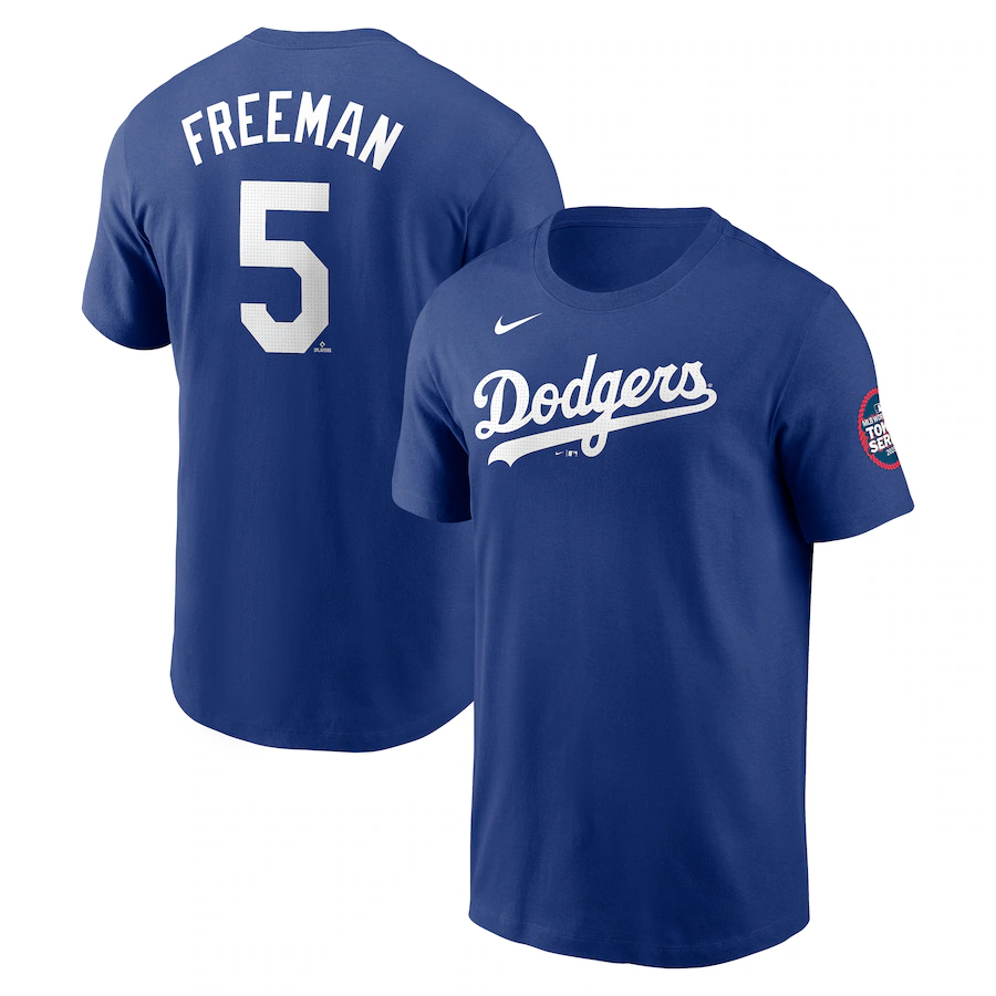 Men's Los Angeles Dodgers #5 Freddie Freeman Royal 2025 Tokyo Series Name & Number T-Shirt Men's Los Angeles Dodgers #5 Freddie Freeman Royal 2025 Tokyo Series Name & Number T-Shirt