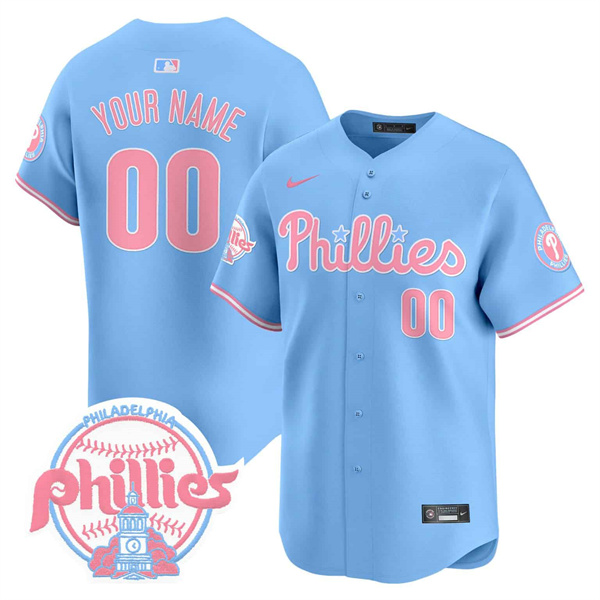 Men's Philadelphia Phillies Active Player Custom Bubblegum Light Blue Vapor Premier Limited Stitched Jersey Men's Philadelphia Phillies Active Player Custom Bubblegum Light Blue Vapor Premier Limited Stitched Jersey