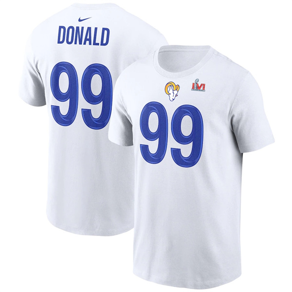 Men's Los Angeles Rams #99 Aaron Donald 2022 White Super Bowl LVI Champions T-Shirt Men's Los Angeles Rams #99 Aaron Donald 2022 White Super Bowl LVI Champions T-Shirt