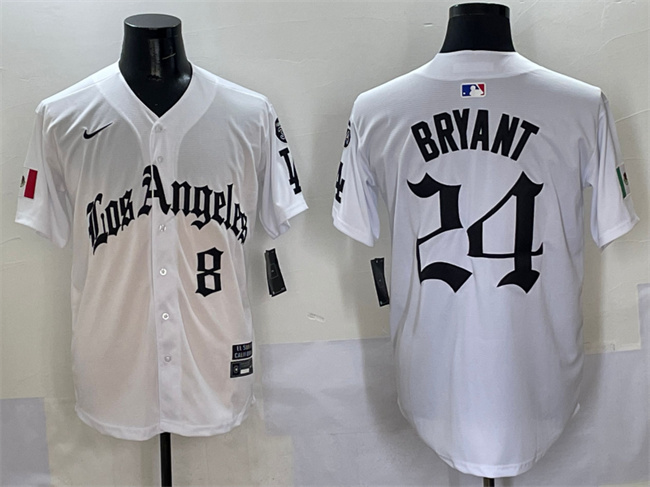 Men's Los Angeles Dodgers Front #8 Back #24 Kobe Bryant White Mexico 2025 LA Gothic Style With Fernando Patch Vapor Premier Limited Stitched Baseball Jersey Men's Los Angeles Dodgers Front #8 Back #24 Kobe Bryant White Mexico 2025 LA Gothic Style With Fernando Patch Vapor Premier Limited Stitched Baseball Jersey
