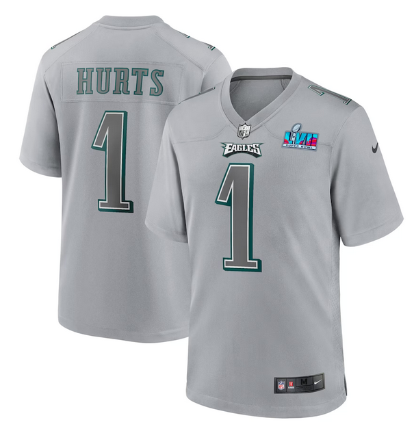 Women's Philadelphia Eagles #1 Jalen Hurts Grey Super Bowl LVII Patch Atmosphere Fashion Stitched Game Jersey(Run Small) Women's Philadelphia Eagles #1 Jalen Hurts Grey Super Bowl LVII Patch Atmosphere Fashion Stitched Game Jersey(Run Small)