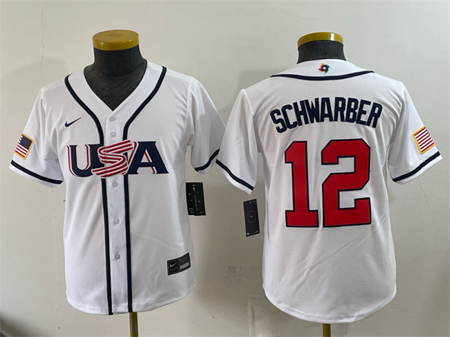 Youth USA Baseball #12 Kyle Schwarber White 2026 World Baseball Classic Home Stadium Stitched Baseball Jersey
