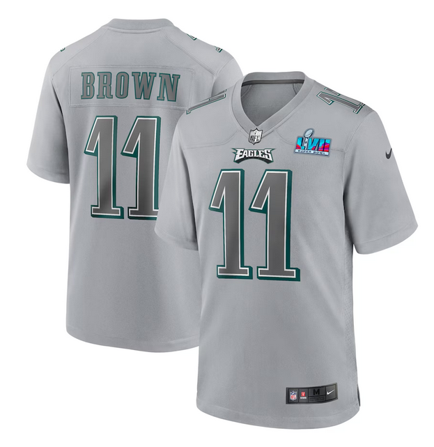 Women's Philadelphia Eagles #11 A.J. Brown Grey Super Bowl LVII Patch Atmosphere Fashion Stitched Game Jersey(Run Small) Women's Philadelphia Eagles #11 A.J. Brown Grey Super Bowl LVII Patch Atmosphere Fashion Stitched Game Jersey(Run Small)