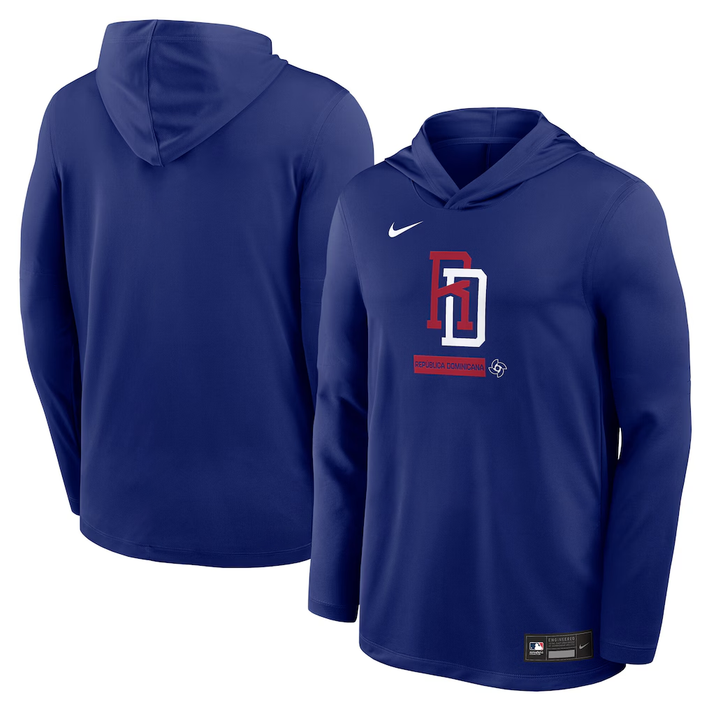 Men's Dominican Republic Baseball Royal 2026 World Baseball Classic Collection Dri-FIT Long Sleeve Hooded T-Shirt Men's Dominican Republic Baseball Royal 2026 World Baseball Classic Collection Dri-FIT Long Sleeve Hooded T-Shirt