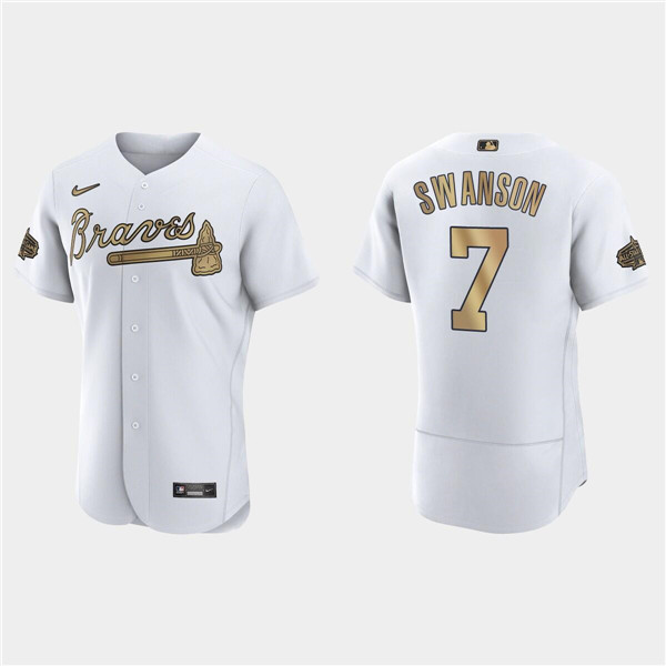 Men's Atlanta Braves #7 Dansby Swanson 2022 All-Star White Flex Base Stitched Baseball Jersey Men's Atlanta Braves #7 Dansby Swanson 2022 All-Star White Flex Base Stitched Baseball Jersey