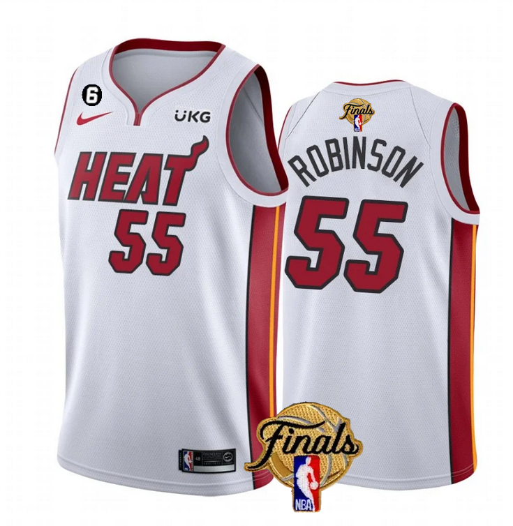 Men's Miami Heat #55 Duncan Robinson White 2023 Finals Association Edition With NO.6 Patch Stitched Basketball Jersey Men's Miami Heat #55 Duncan Robinson White 2023 Finals Association Edition With NO.6 Patch Stitched Basketball Jersey