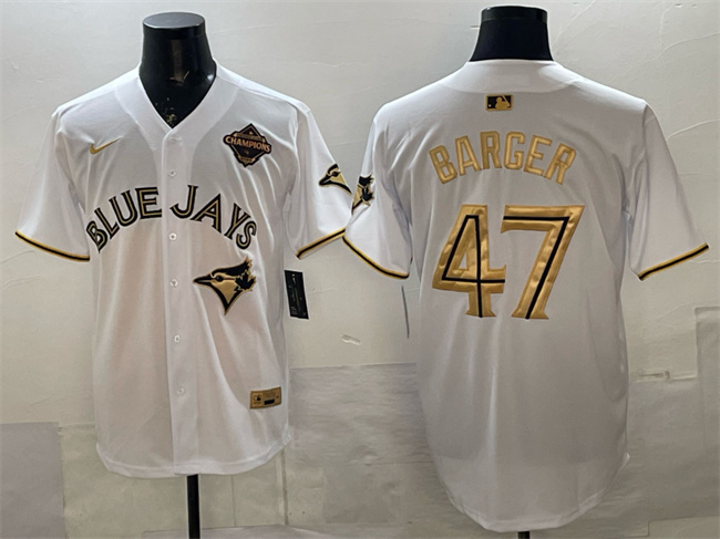 Men's Toronto Blue Jays #47 Addison Barger White Gold 2025 American League Champions Limited Stitched Baseball Jersey