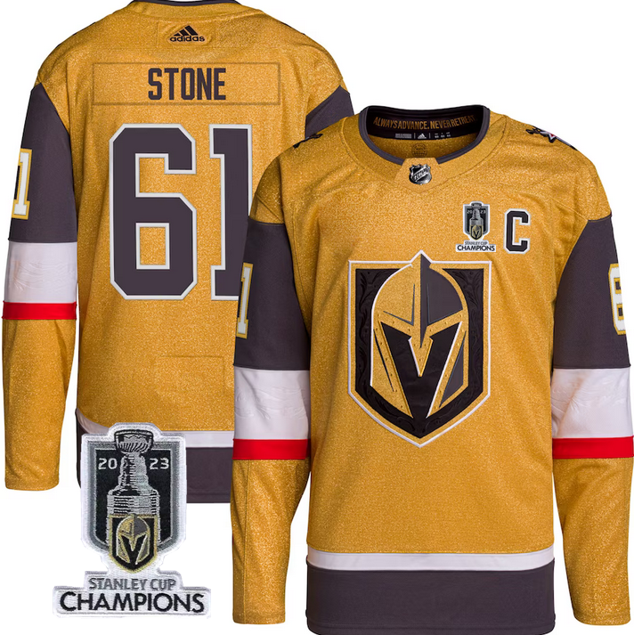 Men's Vegas Golden Knights #61 Mark Stone Gold 2023 Stanley Cup Champions Stitched Jersey Men's Vegas Golden Knights #61 Mark Stone Gold 2023 Stanley Cup Champions Stitched Jersey
