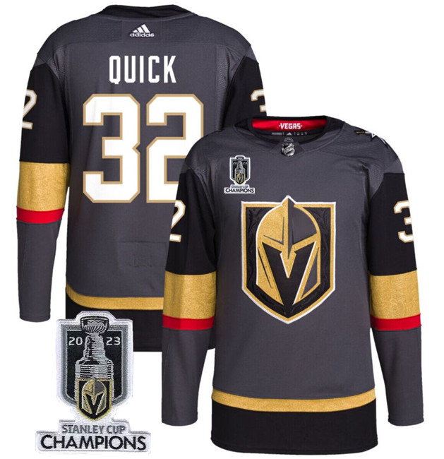 Men's Vegas Golden Knights #32 Jonathan Quick Grey 2023 Stanley Cup Champions Stitched Jersey Men's Vegas Golden Knights #32 Jonathan Quick Grey 2023 Stanley Cup Champions Stitched Jersey