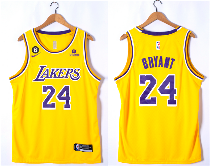 Men's Los Angeles Lakers #24 Kobe Bryant Yellow With NO.6 Patch Stitched Basketball Jersey Men's Los Angeles Lakers #24 Kobe Bryant Yellow With NO.6 Patch Stitched Basketball Jersey
