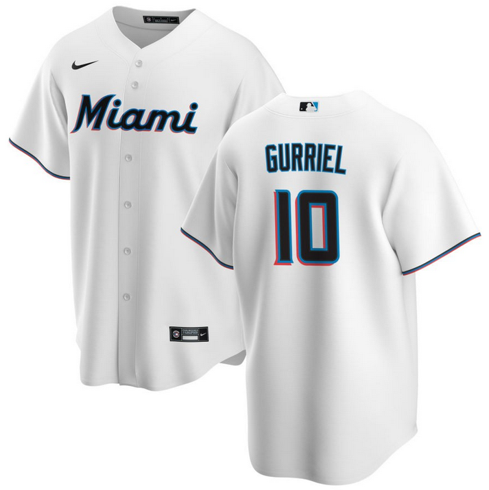Men's Miami Marlins #10 Yuli Gurriel White Cool Base Stitched Baseball Jersey Men's Miami Marlins #10 Yuli Gurriel White Cool Base Stitched Baseball Jersey
