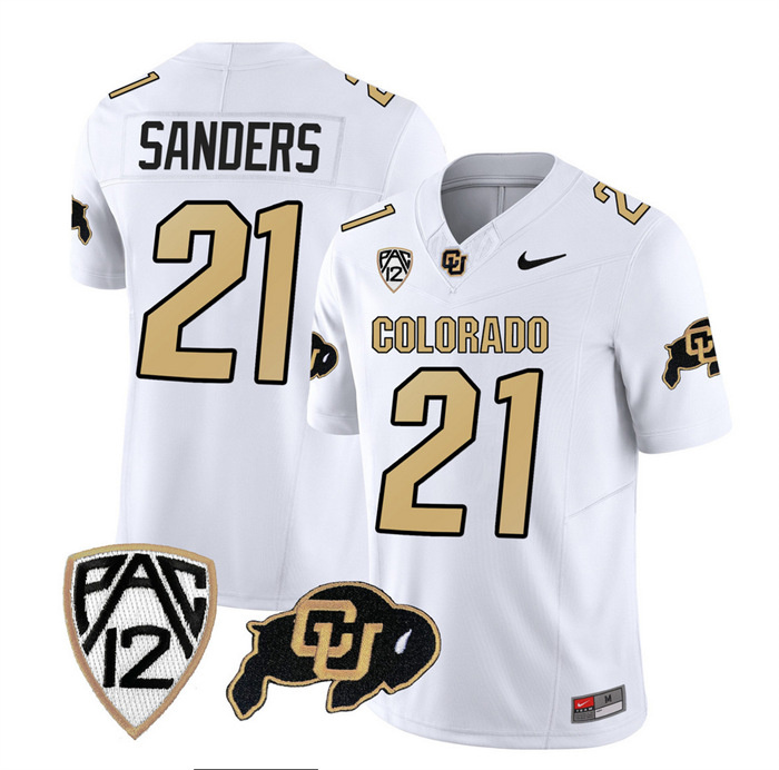 Men's Colorado Buffaloes #21 Shilo Sanders White 2023 F.U.S.E. With PAC-12 Patch Stitched Football Jersey Men's Colorado Buffaloes #21 Shilo Sanders White 2023 F.U.S.E. With PAC-12 Patch Stitched Football Jersey